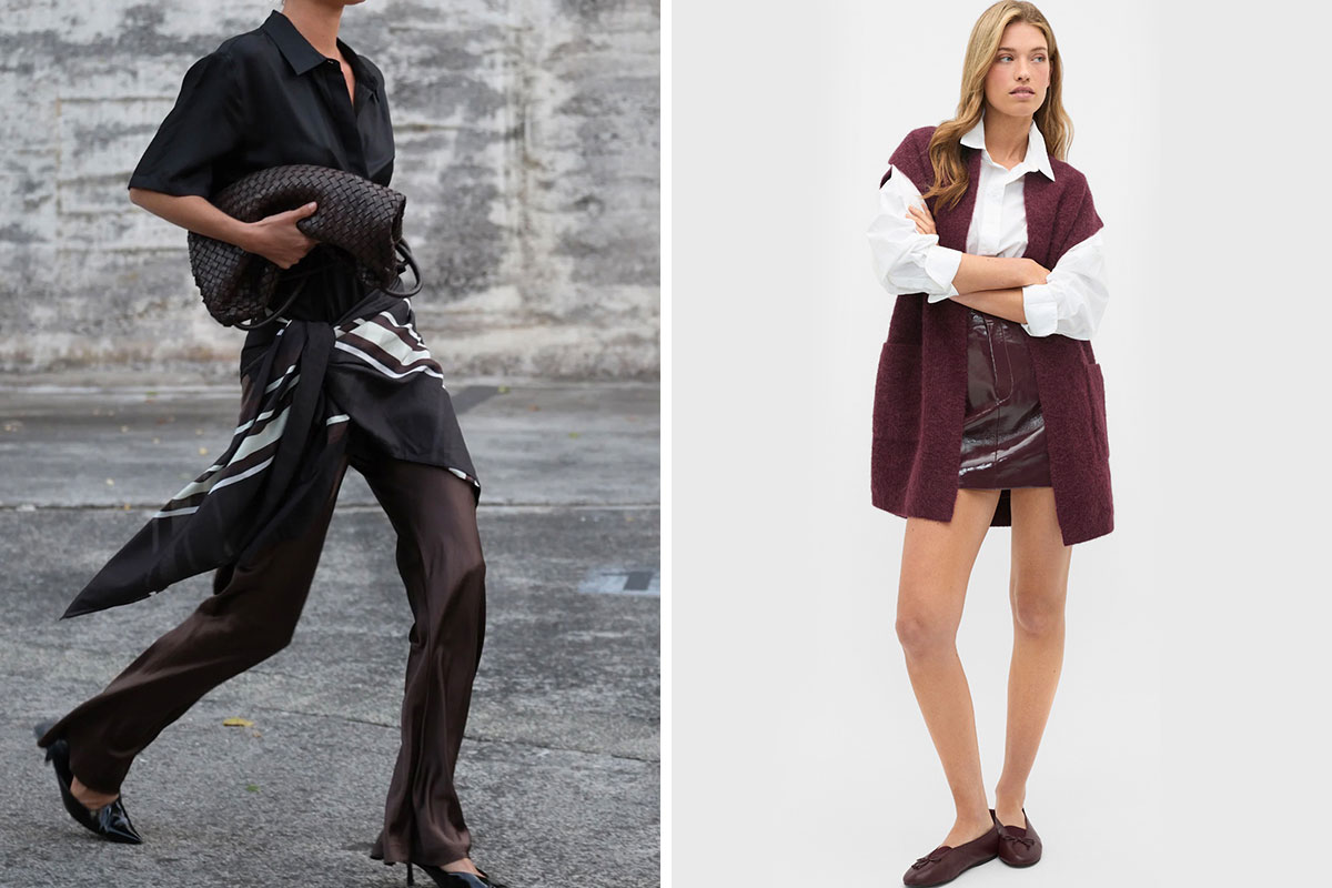 (L-R) Ssaint La Serena Stripe Scarf $90, Seed Rib Knit Mid Length Poncho $169, Patent Leather Skirt $299.95, Poplin Classic Shirt $99.95 (images supplied)